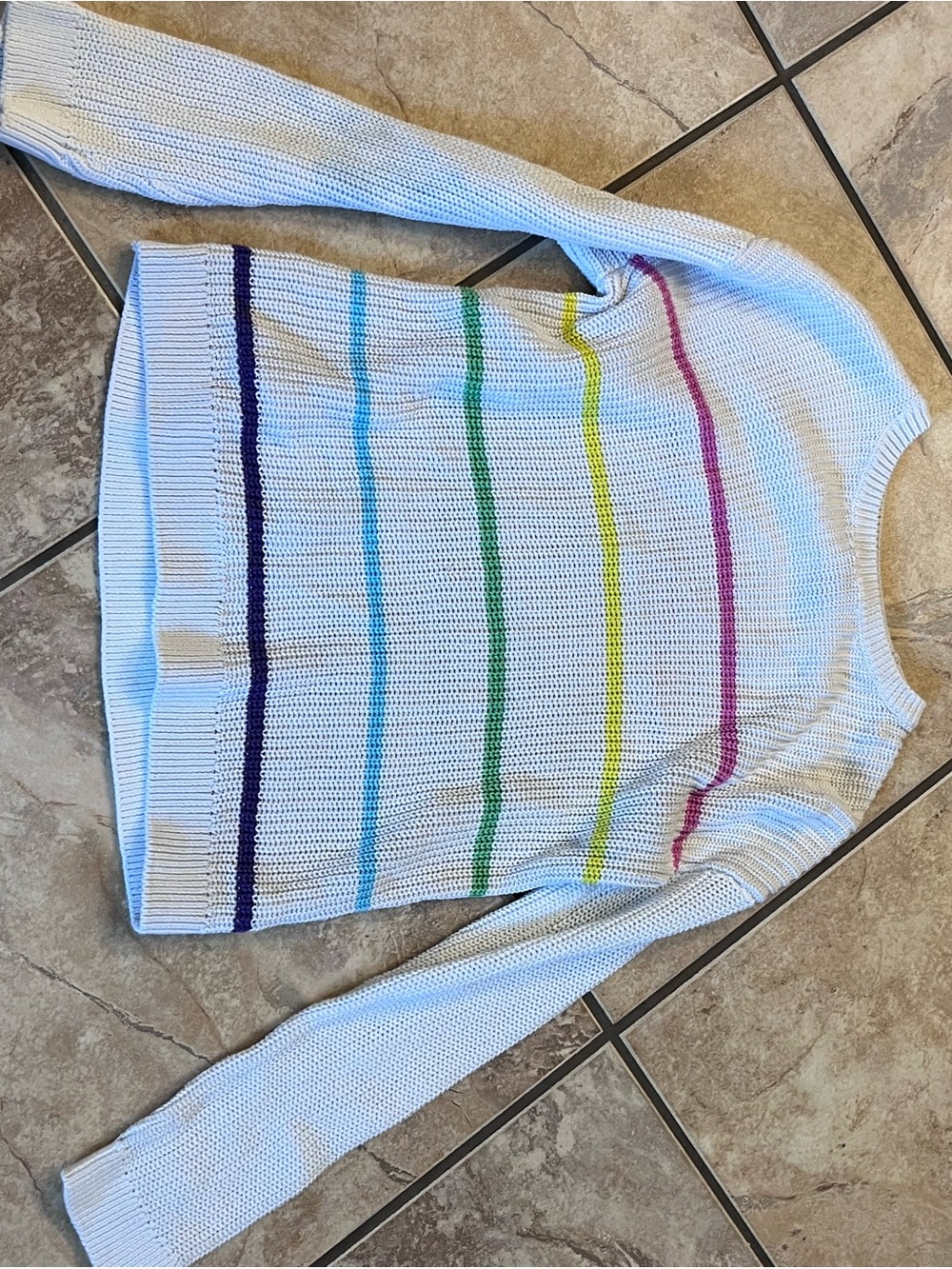 White Crewneck Sweater with Rainbow Stripes - girls